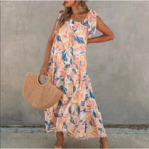 Vici Maxi Dress in Peach, Blue & Yellow Leaf Print